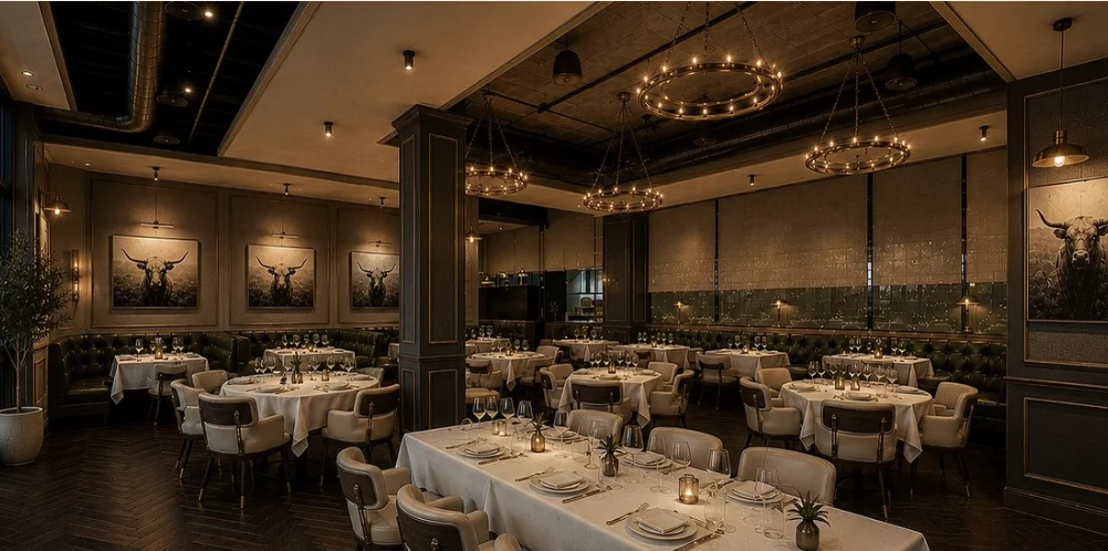 The Apex Prime dining room: brass pendants, olive leather banquettes, white linen